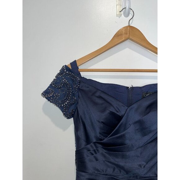 NWT La Femme Off the Shoulder Beaded Satin Trumpet Gown In Navy Size  Women's Si - Picture 5 of 11